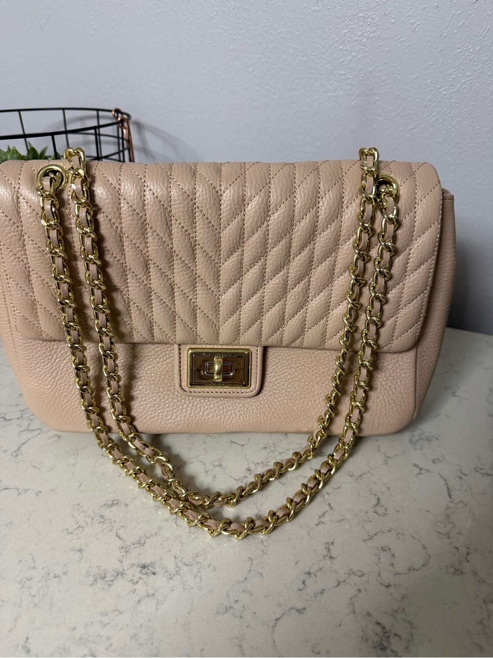 Karl Lagerfeld Quilted Blush Shoulder Bag with Gold Chain